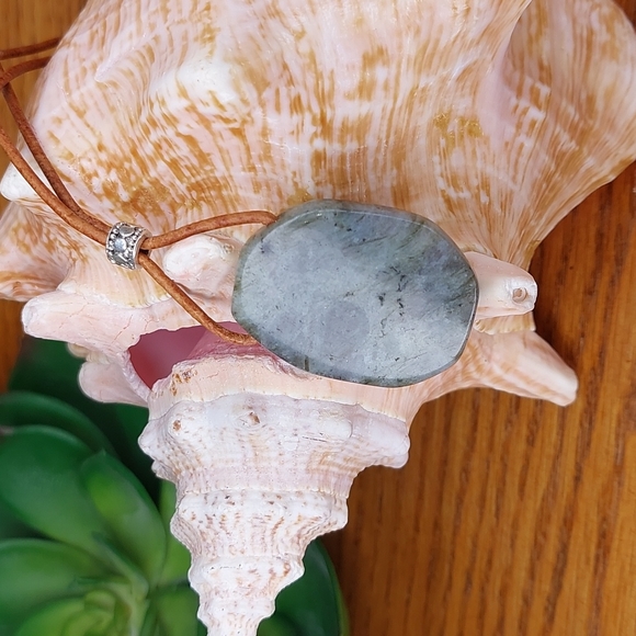 Labradorite Crystal Necklace, Leather, Artisan Made by Rust Belt Raised - Picture 4 of 14